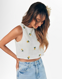 Solid White Flower Embroidery Semi-Sheer Tank Crop Top for Women's & Girl's