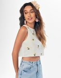 Solid White Flower Embroidery Semi-Sheer Tank Crop Top for Women's & Girl's