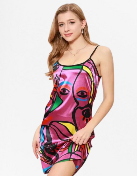 Abstract Face Print Satin Nightgown, Casual Round Neck Backless Slip Dress