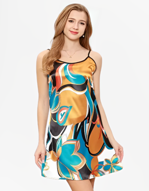 Abstract Floral Print Satin Nightgown, Casual Round Neck Backless Slip Dress