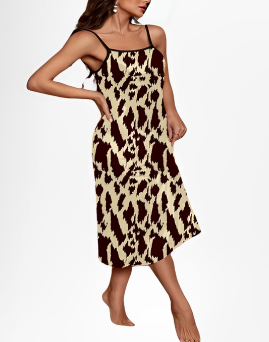 Women's Leopard Print Elegant Sleepwear Dress, Round Neck Backless Midi Slip Dress