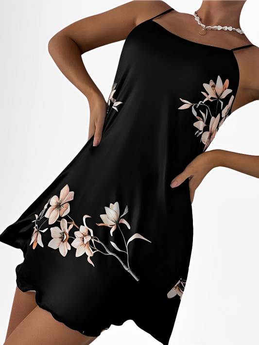 Black Floral Print Satin Sleep dress