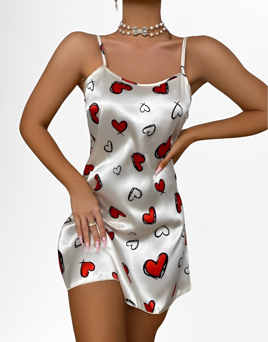 Heart Printed Contrast Binding Cami Night Dress